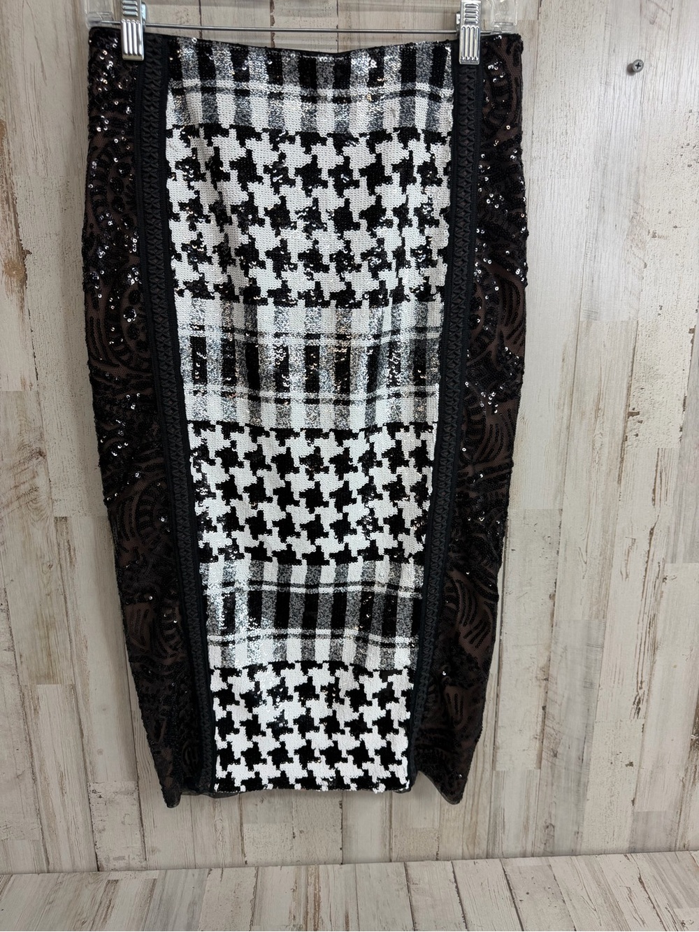 Byron Lars Black & White Houndstooth Sequin Pencil Skirt